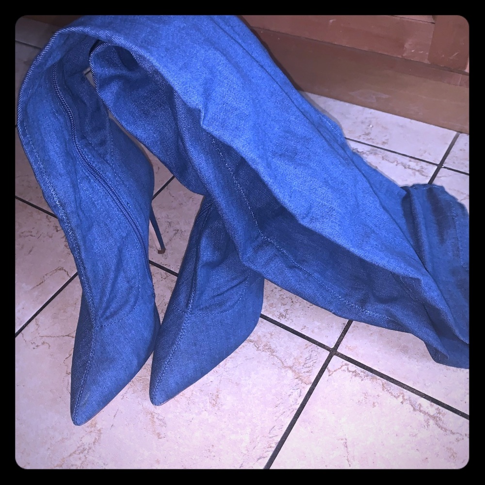 Denim thigh high boots